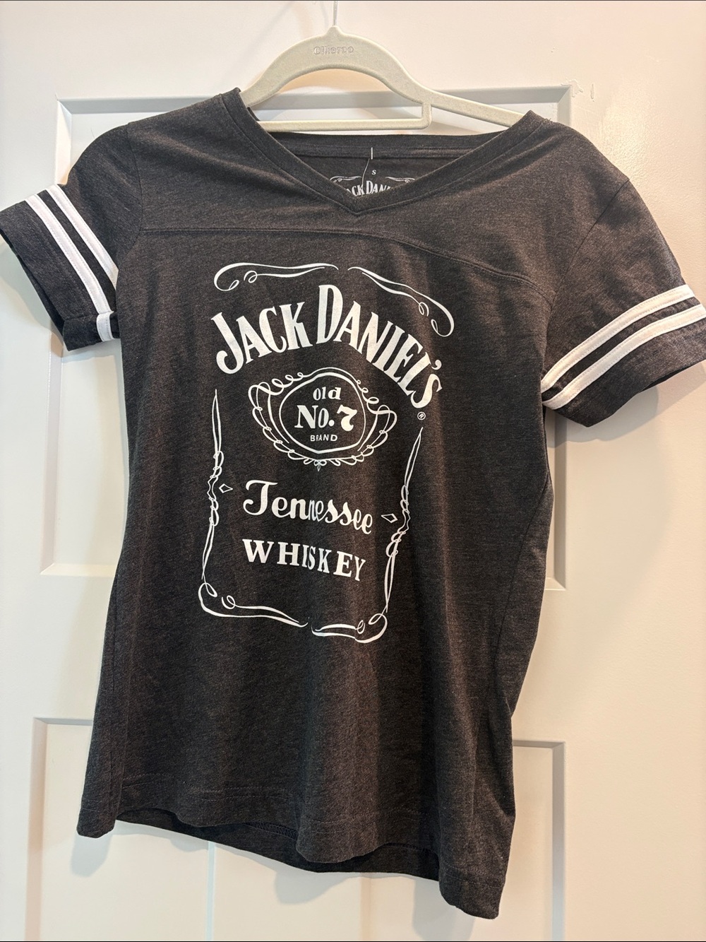 Jack Daniels Black Short-Sleeve Logo Tee with White Sleeve Stripes